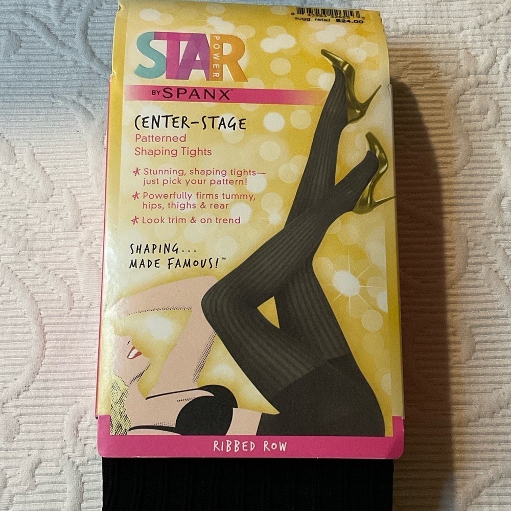 SPANX Black Center-Stage Shaping Tights. Ribbed Row black. Size E